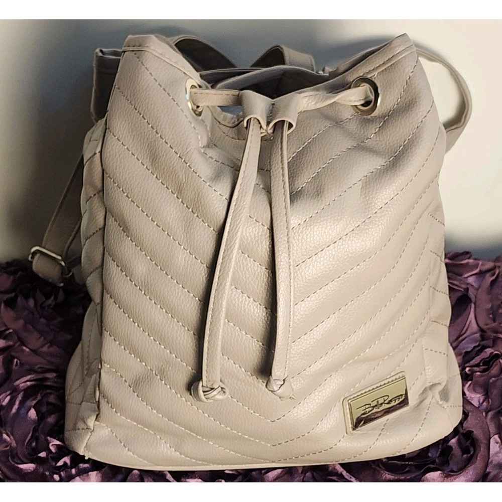 Bella Russo Taupe Chevron Quilted Faux Leather Drawstring Backpack Bag
